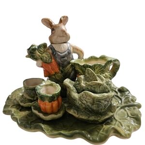 VINTAGE Charming Green and Orange Rabbit Tea Set